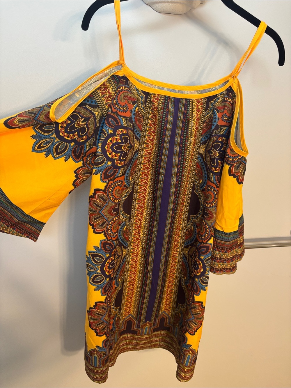 Yellow Boho Cold-Shoulder Dress with Paisley Print